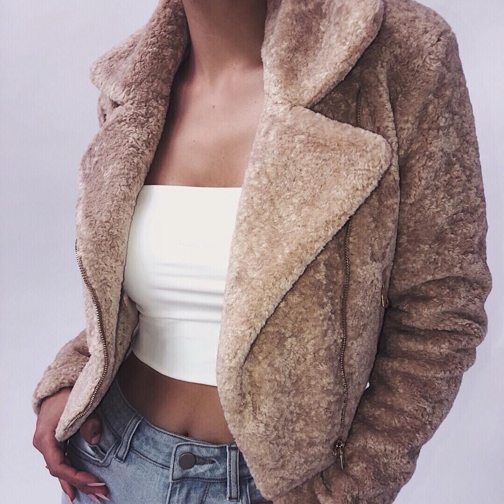 MESHKI Cropped Teddy Biker Jacket in BLACK